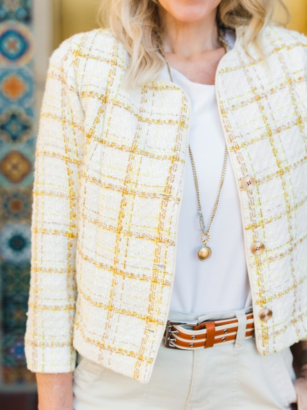 Cabi Coco Tweed Cropped Jacket Spring Color Ivory Yellow Tan